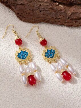NEW Imperial Chinese Red Beaded Pearl Drop Ornate Earrings